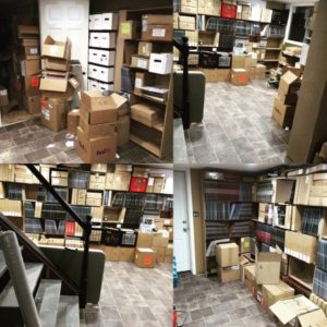 The recent move from warehouse to his own basement. Twelve years worth of releases and merchandise.